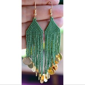 MIYUKI seed beads, handbeaded matte green earrings with gold charm detail😊